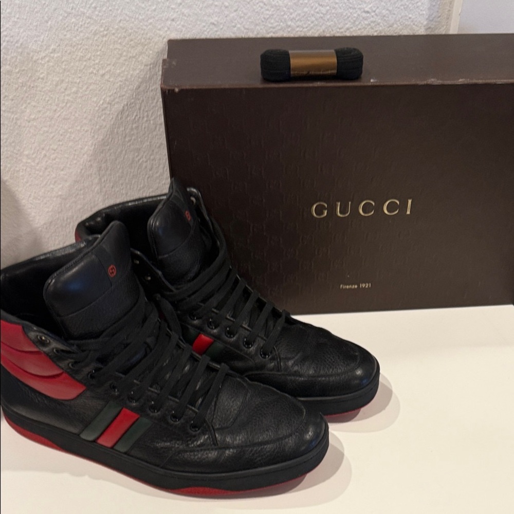 Gucci Men’s High Top Sneakers Black Red Green Leather Designer Shoes Size